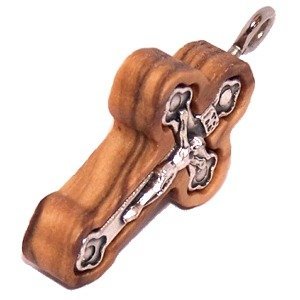 Olive wood Cross with Embedded pewter Cross - Eastern (2.7 cm - 1.1") - 6mm thick