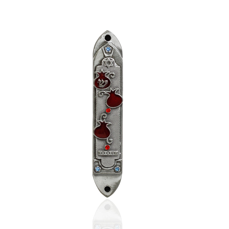 Pewter enameled Pomegranate with Blue and red and Blue Stones - Mezuzah (3.5 Inches with Scroll)