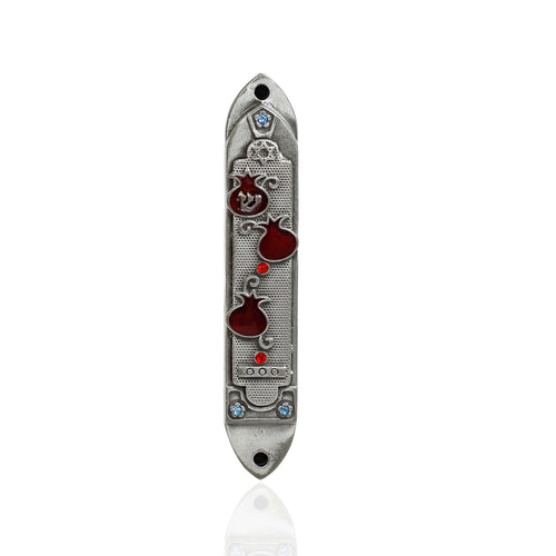 Pewter enameled Pomegranate with Blue and red and Blue Stones - Mezuzah (3.5 Inches with Scroll)