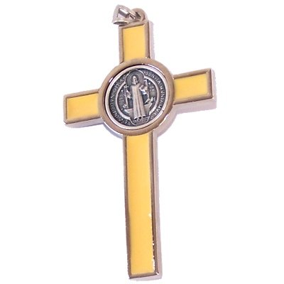 Rosary Supplies - Metal Crosses & Crucifixes St. Benedict Rosary crucifix with yellow enamel - Extra Large - Pewter tone g.