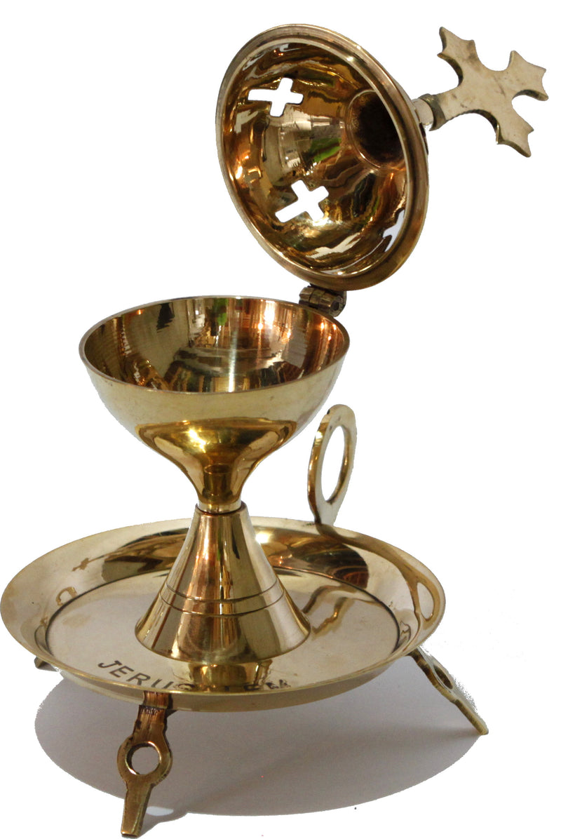 Holy Land Market Light Greek Brass Pedestal Incense Burner with Tray - (15cm or 6 inches Tall)