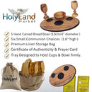 Holy Land Market Olive Wood Communion Cups & Plate Set Kiddush & Holding Tray - Communion Set Hand-Carved in Bethlehem – for Church Worship, Pastors & Ministries (Round Bowl + 2 Large Goblets + Tray)