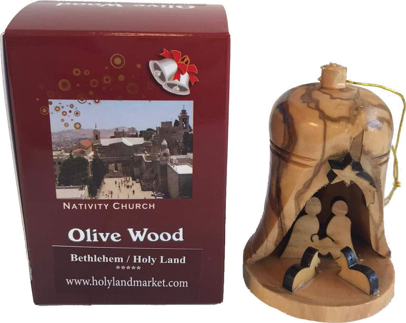 Holy Land Market Four Large Hand Made Olive Wood Ornaments - Tree Hanging Bells - Christmas Tree Ornaments from The Holy Land - Many Sizes