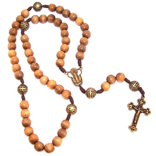 A Wooden Rosary with a Bronze tone center and a special Crucifix (10mm beads ...