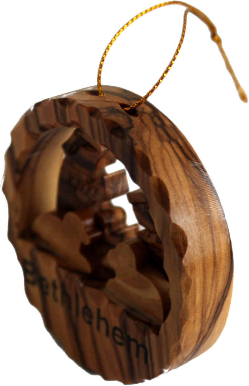 Holy Land Market Hand Carved Thick Olive Wood Tree Ornament Gift - with Certificate and Gold String ( 2.5 Inches in Diameter )