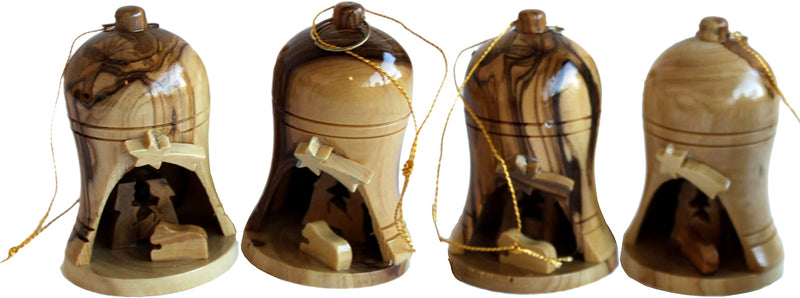 Holy Land Market Four Olive Wood Ornaments - Large Bells - Christmas Tree Ornaments from The Holy Land ( 2.75 Inches)