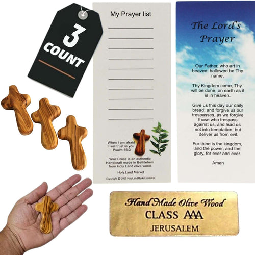 Three olive wood holding crosses with prayer list and Lord's Prayer cards #count_3 count