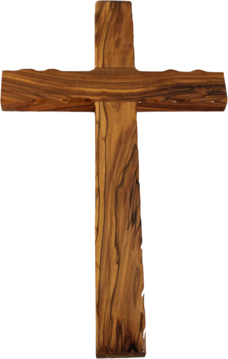 Tall olive wood wall cross with dark grain, front view