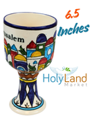 Holy Land Market Armenian Ceramic Wine Goblet – Jerusalem City Walls & Old City Design – Large 13.5 oz Hand-Painted Cup for Communion or Shabbat Kiddush – 6.5 Inch
