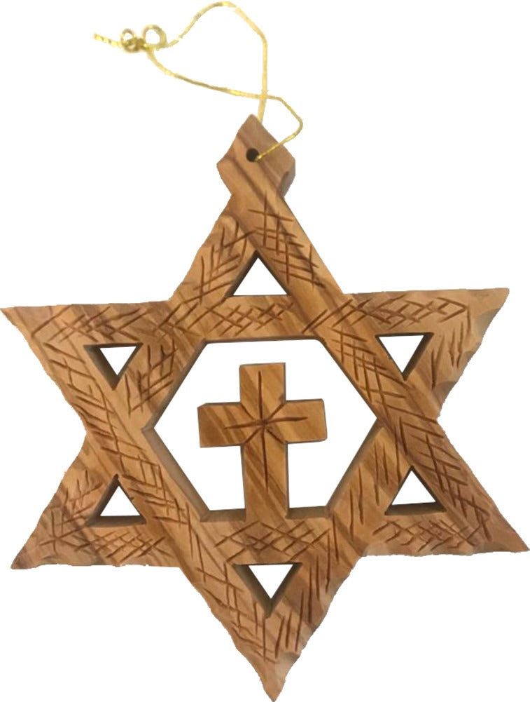 Holy Land Market Extra Large Messianic Star of David with Cross Olive Wood with Certificate (Star is 5 inches)