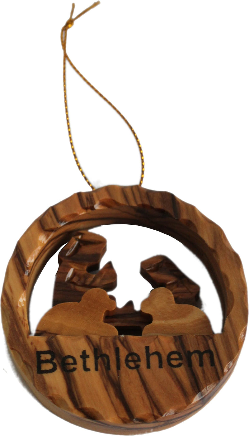 Holy Land Market Hand Carved Thick Olive Wood Tree Ornament Gift - with Certificate and Gold String ( 2.5 Inches in Diameter )