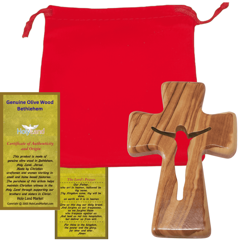 Wooden Pocket Cross - Bethlehem Olive Wood - 3-in-1 Design: Standing, Hanging, or Holding - Hand-Carved Silhouette - Includes Velvet Pouch, Prayer Card, & Certificate ( 4.2 Inches )