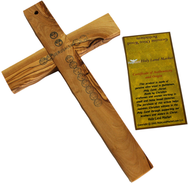 Holy Land Market Olive Wood Cross from Bethlehem with a Certificate and Lord Prayer Card - 10 Inches