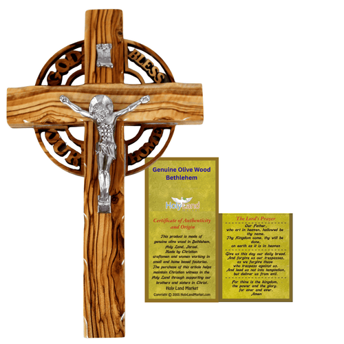 Holy Land Market Celtic God Bless Our Home Handmade Wall Olive Wood Catholic Crucifix - 10 Inches