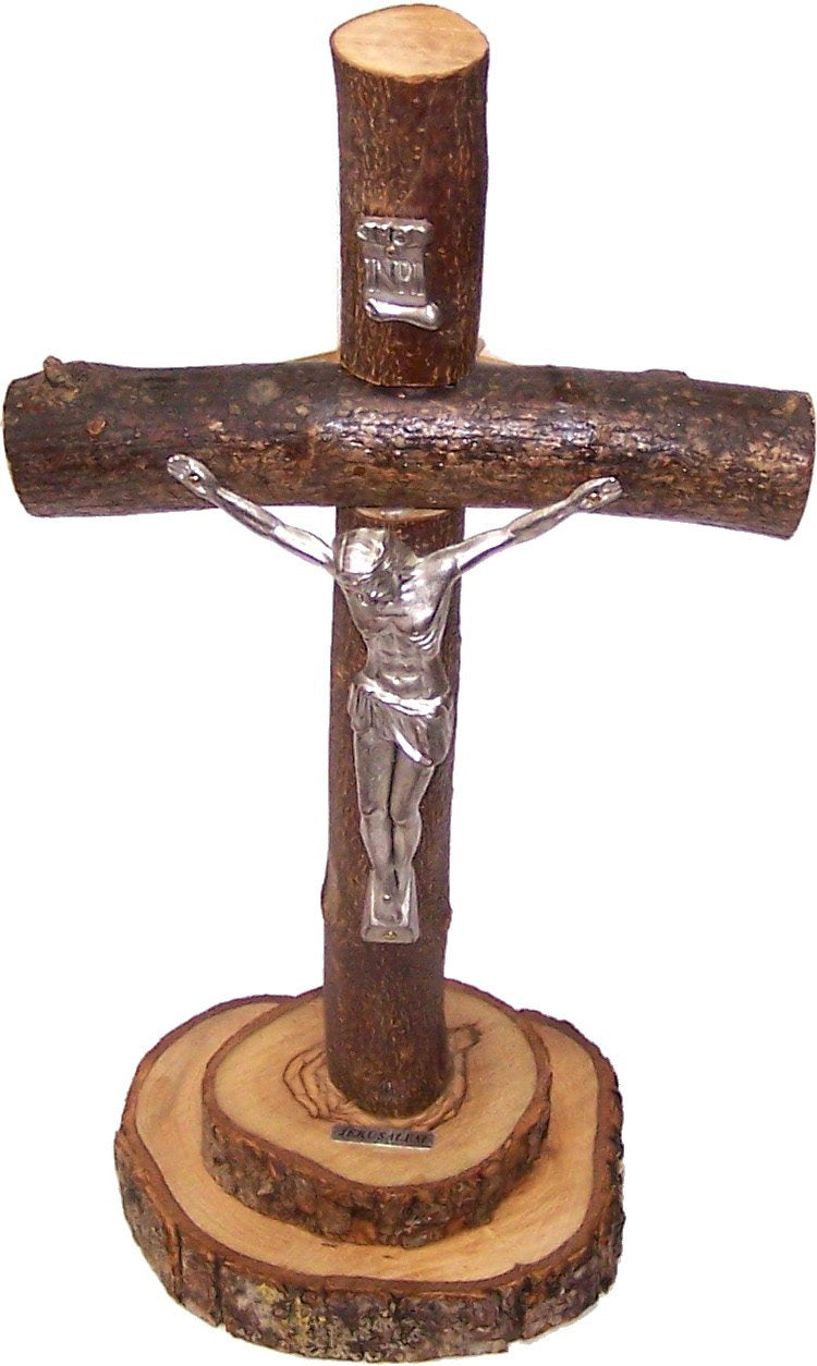 Holy Land Market Table natural Olive wood Cross/Crucifix with with bark left as is