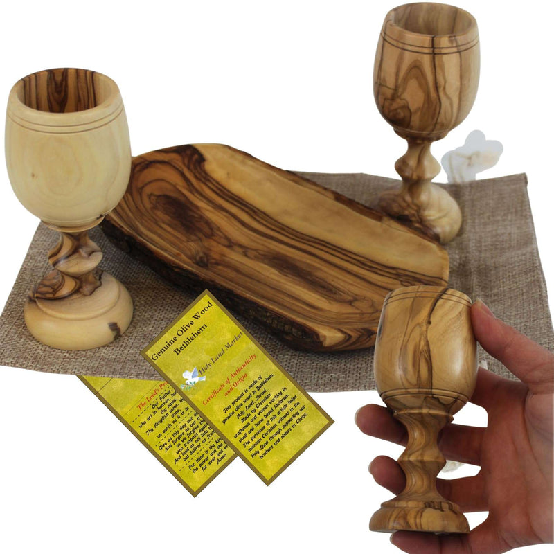 Holy Land Market Two Large Olive Wood Communion Cups & Plate Set Kiddush - Communion Set Hand-Carved in Bethlehem – for Church Worship, Pastors & Ministries