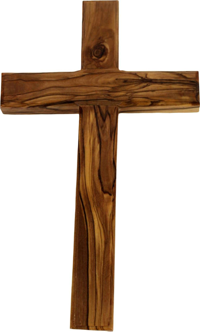 Olive wood cross with straight arms and dark streaked grain