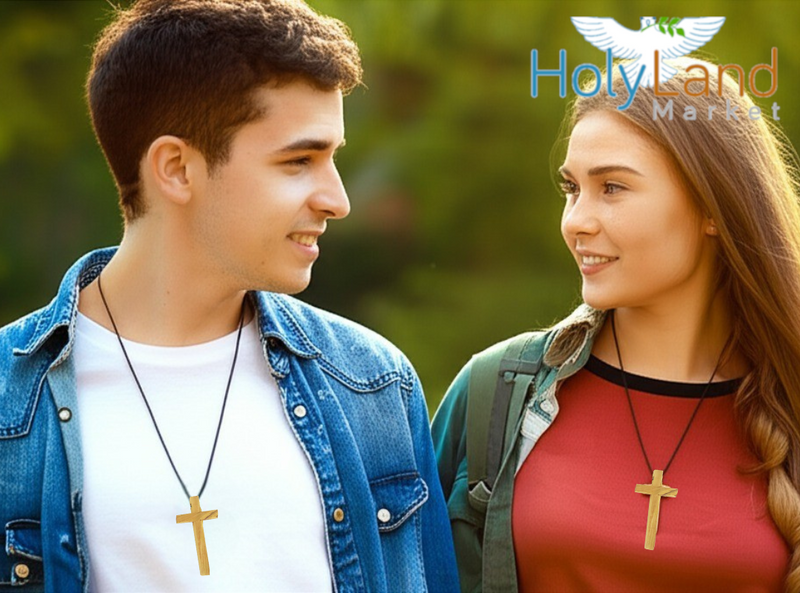 Holy Land Market Hand-Carved Olive Wood Cross Necklace from Bethlehem – 3.5" Thick Pendant with Certificate & Prayer Card – Christian Gift from the Holy Land