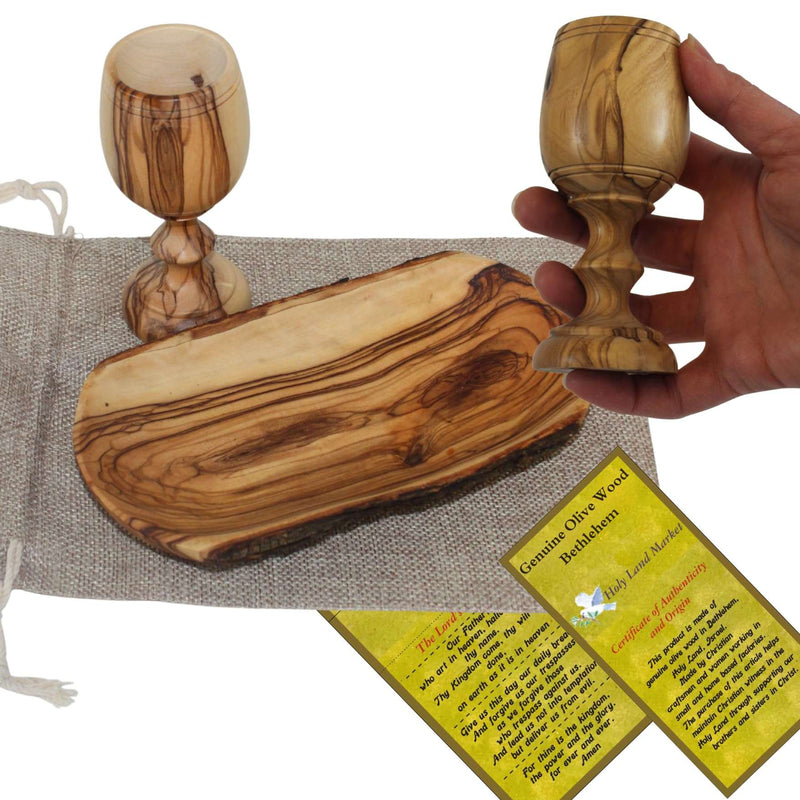 Holy Land Market Large Olive Wood Communion Cup & Plate Set Kiddush - Communion Set Hand-Carved in Bethlehem – for Church Worship, Pastors & Ministries