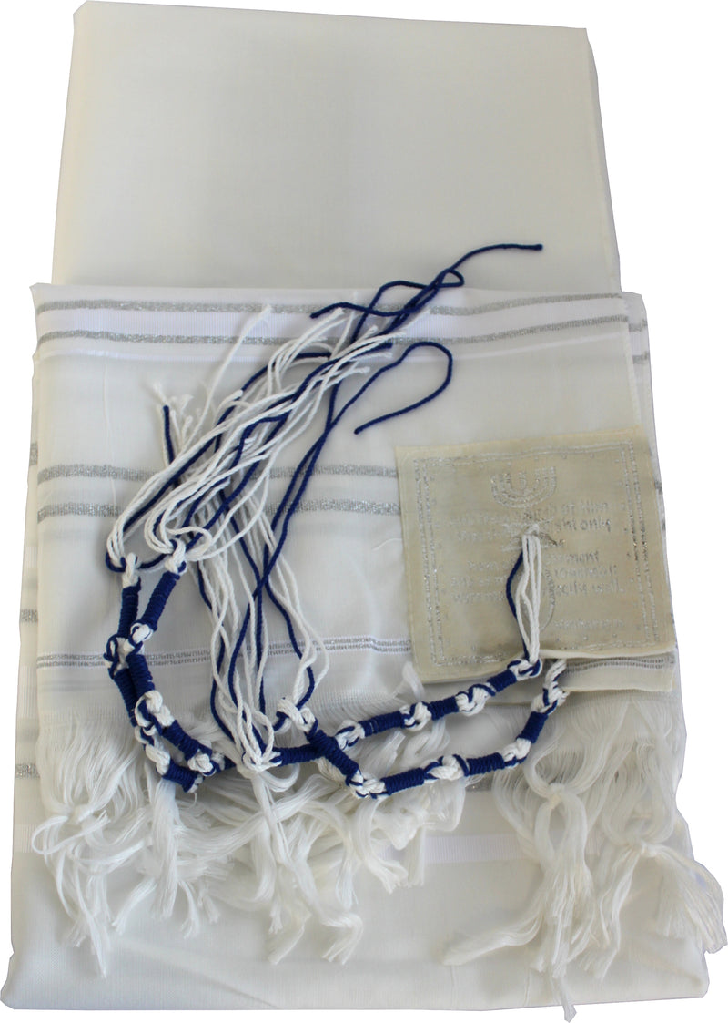 Holy Land Market Mens Messianic Shawl/Tallit - The Messiah Tallit (All White/Silver, 72x36 Inches)