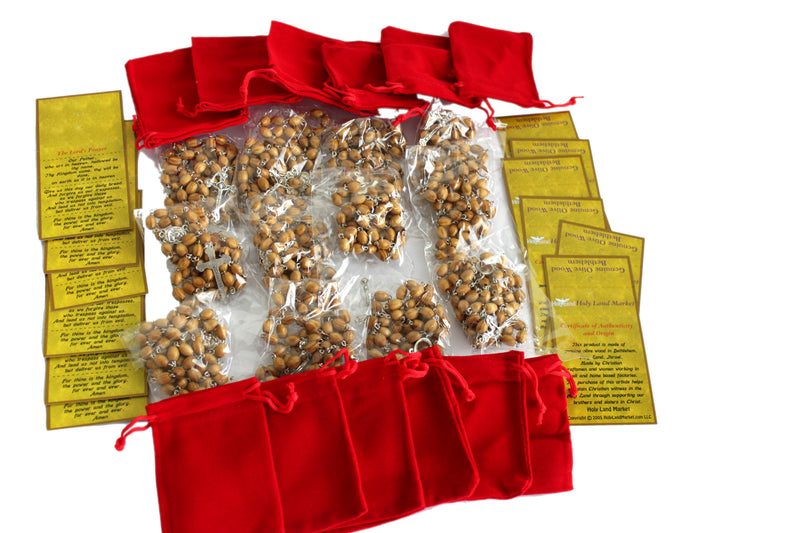 Holy Land Market Dozen Rosaries from Bethlehem with Certificates and Velvet Bags