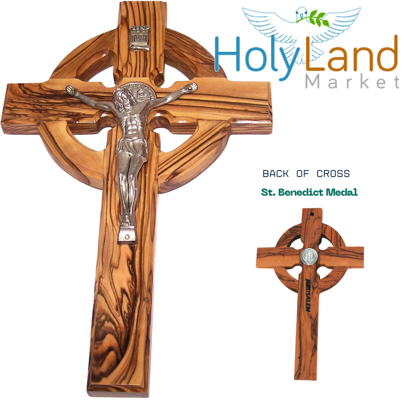 Holy Land Market 10" Celtic Olive Wood Wall Crucifix – Handmade in Bethlehem with Metal Saint Benedict Medal (Front & Back), Certificate, Prayer Card & Medal Explanation – Solid Olive Wood Cross