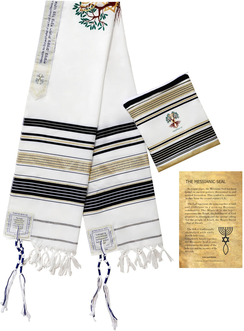 Holy Land Market Grafted IN - Messianic Christian Prayer Shawl/Tallit Prayer Shawl - Creation and Restoration Talit (Black)