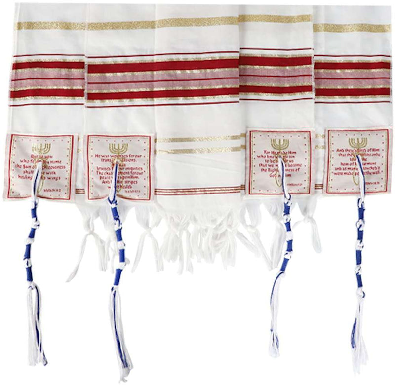 Red and gold striped tallit corners with Scripture patches and tzitzit
