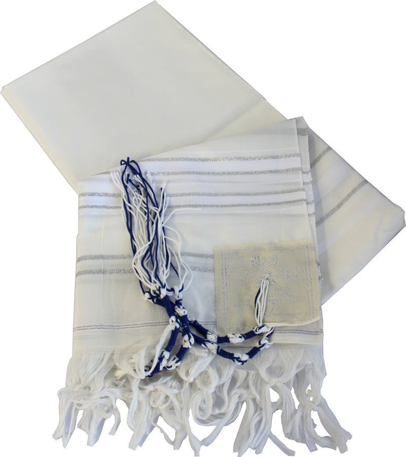 Holy Land Market Mens Messianic Shawl/Tallit - The Messiah Tallit (All White/Silver, 72x36 Inches)