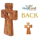 Wooden Pocket Cross - Bethlehem Olive Wood - 3-in-1 Design: Standing, Hanging, or Holding - Hand-Carved Heart Silhouette - Includes Velvet Pouch, Prayer Card, & Certificate (4.2 Inches)