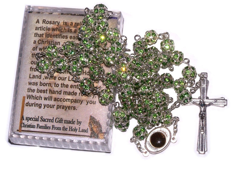 Multi Faceted Crystals Rosary - 8mm Crystal Rosary with Silver Tone Alpaka chain, Holy Land Soil and special Crucifix (Green)
