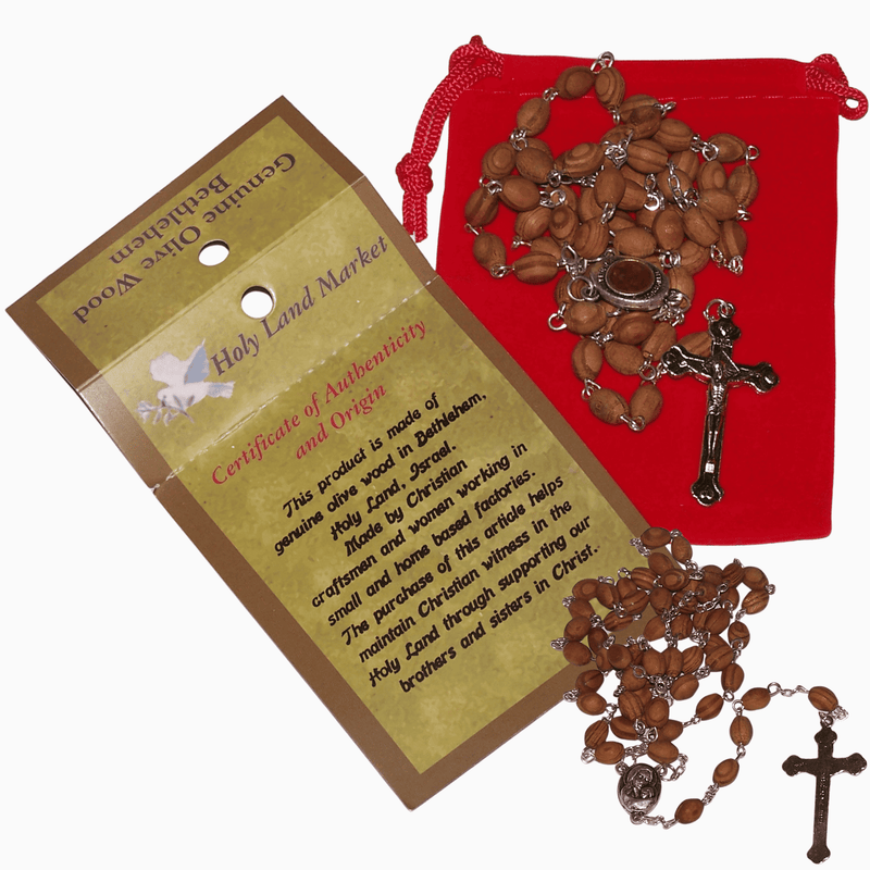 Holy Land Market Olive Wood Rosary with Soil from Bethlehem - with certificate and velvet bag