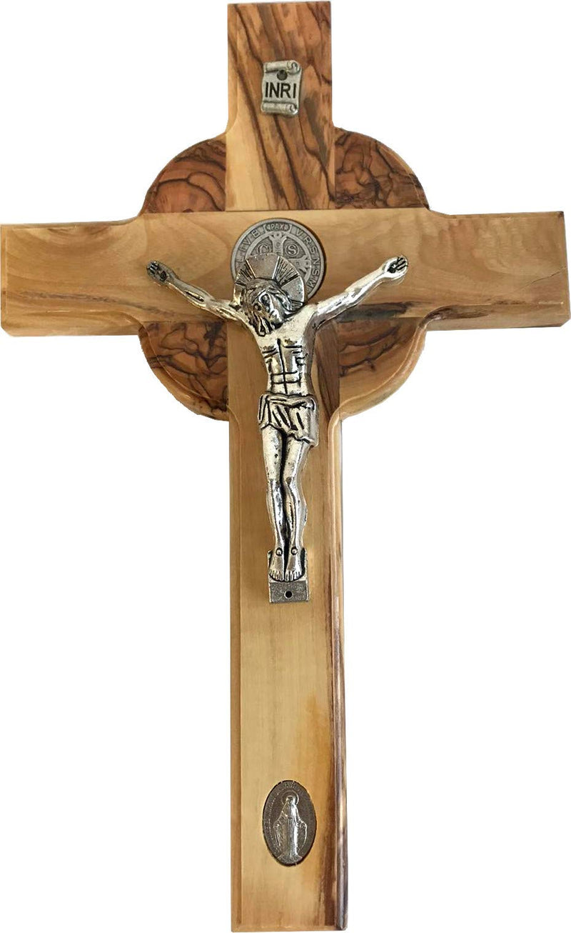 Holy Land Market Celtic and Saint Benedict and Miraculous Medal Olive Wood Crucifix