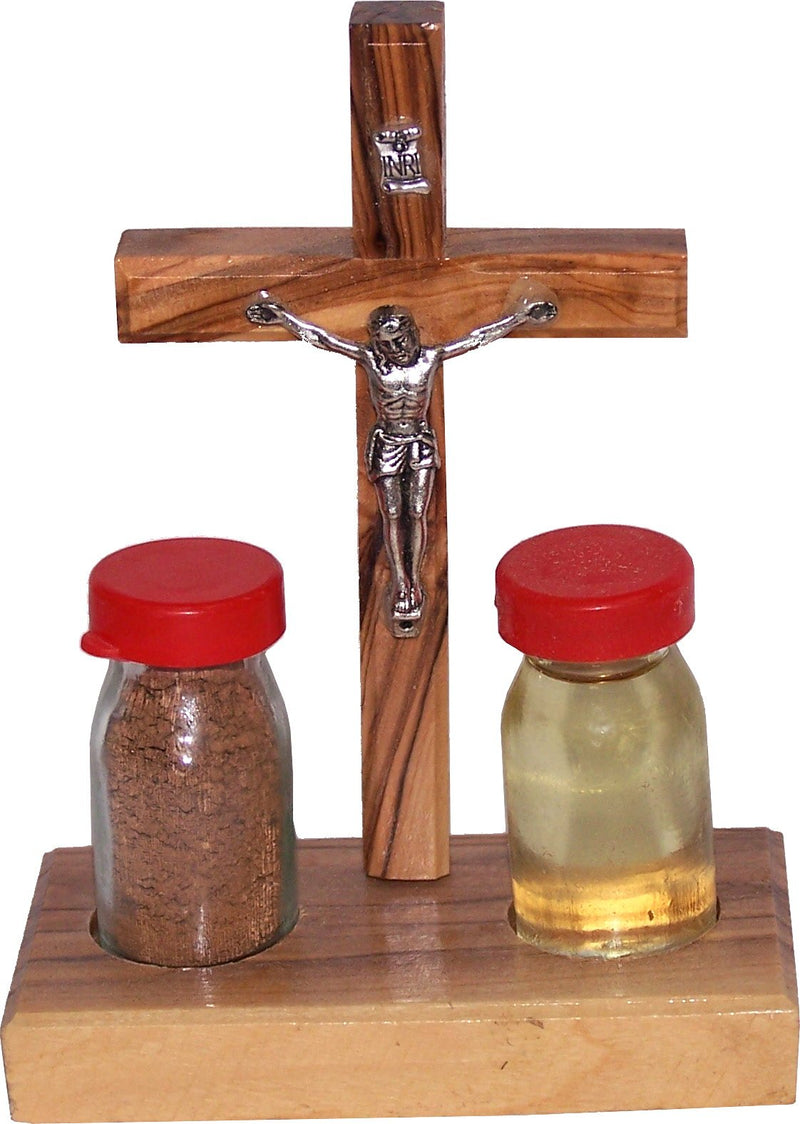 Holy Land Market Religious Samples with certificate and olive wood Table Crucifix