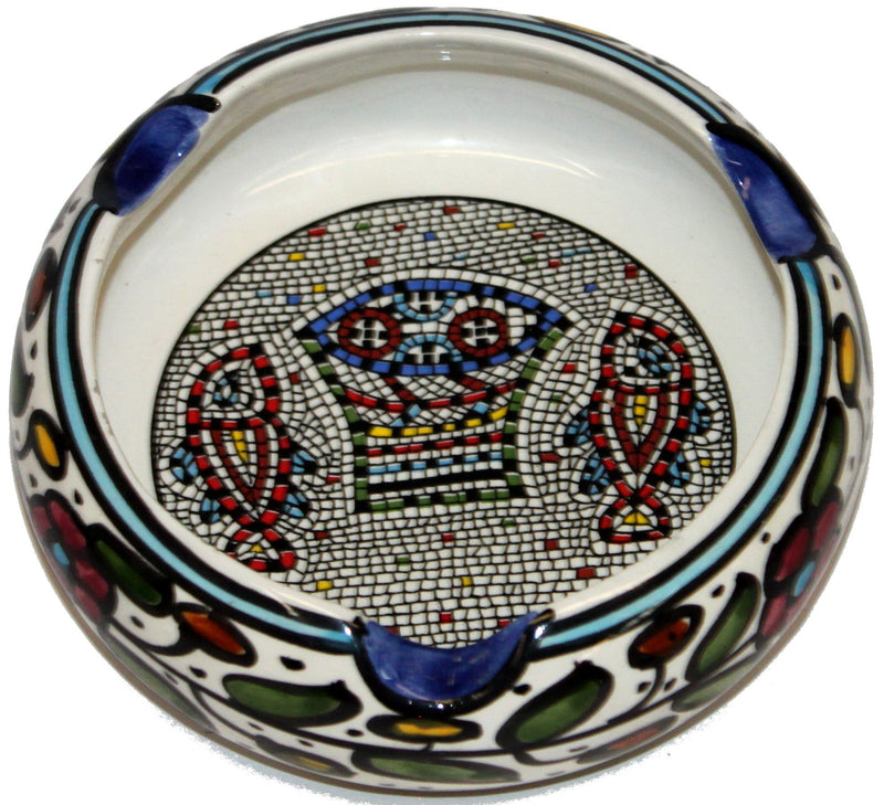 Holy Land Market Ceramic Round Ashtray with Fish and Loaves - Tabgha or Miracle of Multiplication (Fish and Bread) Design (4.5 Inches in Diameter) - Small - Asfour Outlet Trademark