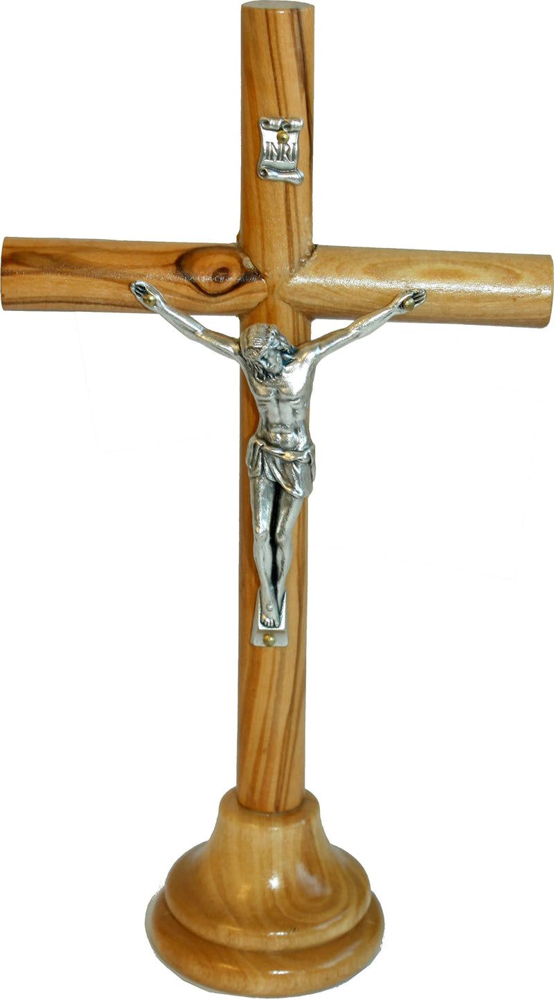 Holy Land Market Olive Wood Smooth Round Sticks Bethlehem Catholic Crucifix - Modern Style ( 7.5 Inches )