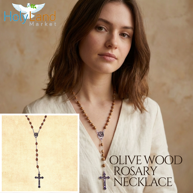 Holy Land Market Olive Wood Rosary with Soil from Bethlehem - with certificate and velvet bag