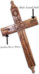 Cruz guardiana de madera de olivo colgante del Mercado de Tierra Santa para protección familiar con escrituras bíblicas y reliquias incrustadas