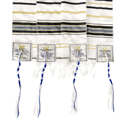 Black and gold striped tallit corners with Scripture patches and tzitzit #color_black