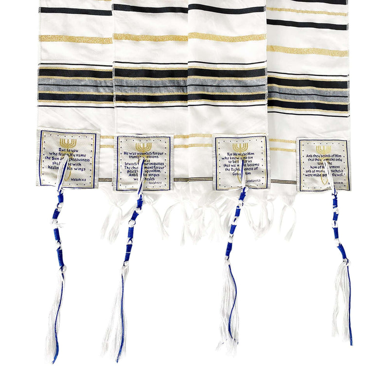 Black and gold striped tallit corners with Scripture patches and tzitzit