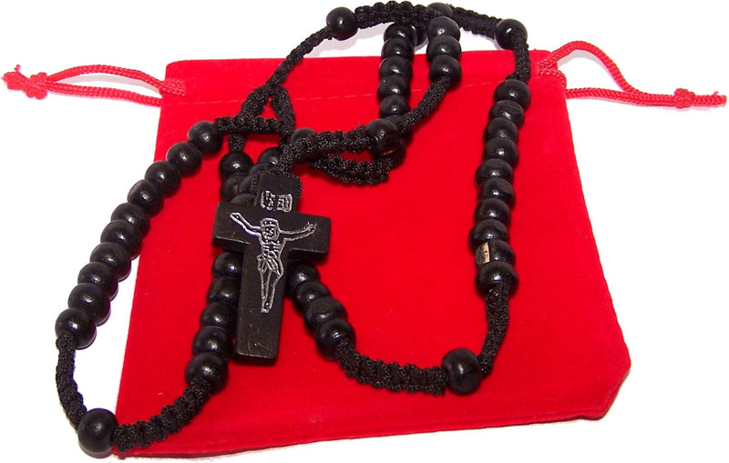 Two Rosaries with Velvet Bags : Black and Maroon Colored Wooden Beads Rosary Necklaces with Jesus Imprint Cross