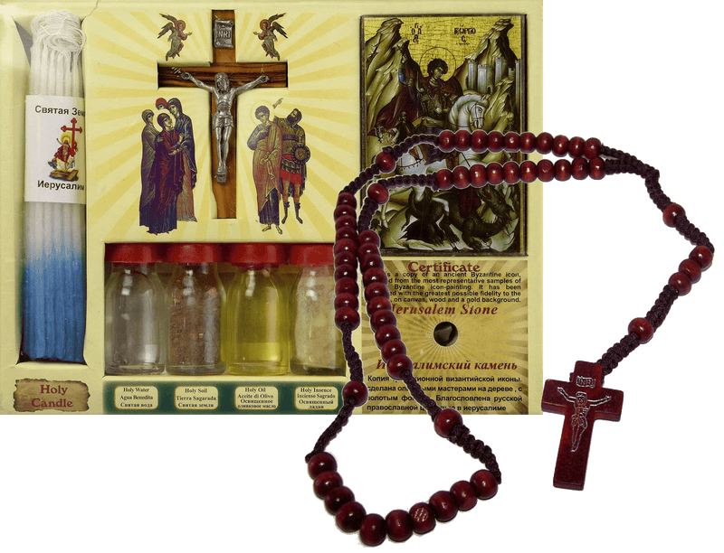 Mercado de Tierra Santa Rosario Marrón más Siete en Uno Botellas de Agua, Suelo, Aceite de Jordán, Cruz de Madera de Olivo, Incienso, Vela e Ícono Gran Set de Jerusalén de la Tierra Santa