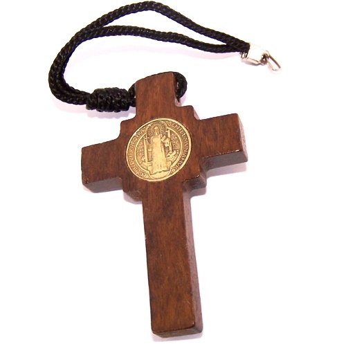 Holy Land Market Saint Benedict Wooden Car Bronze Crucifix pendant/Necklace w/CSSMI medal -.