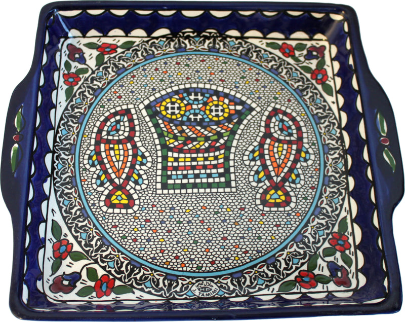 Holy Land Market Armenian Ceramic Loaves and Fish multiplication Miracle square bread Plate - 9.5 Inches - Asfour Outlet Trademark