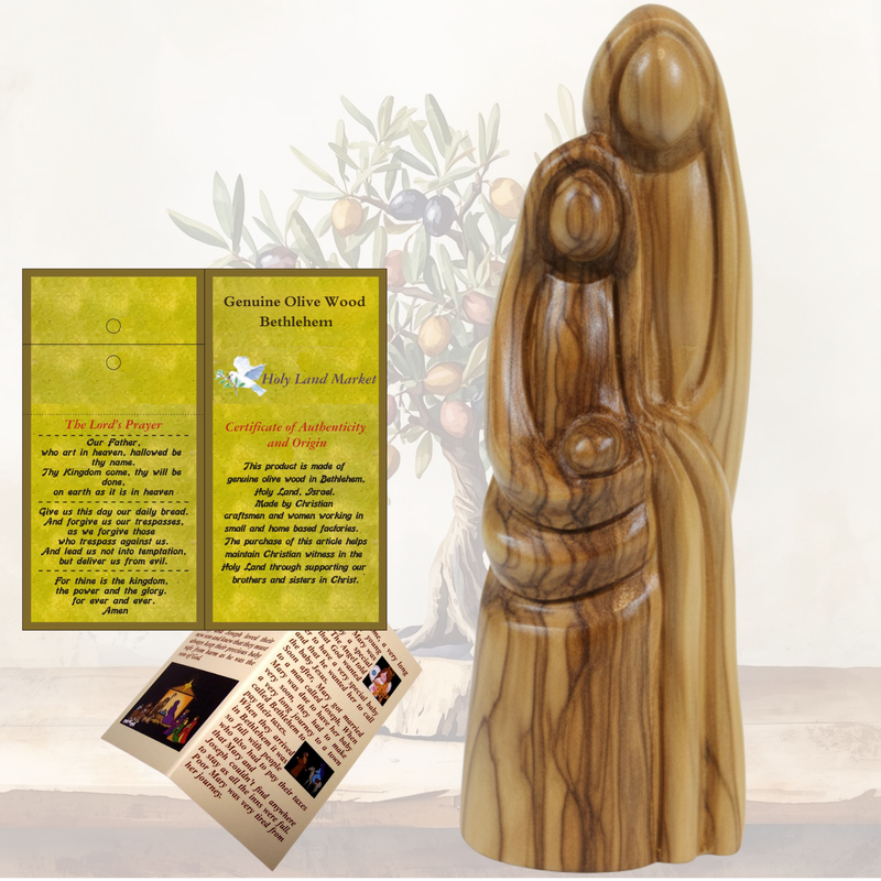 Holy Land Market Olive Wood Holy Family 6.8” – Bethlehem Hand-Carved Nativity Statue with Booklet, Certificate & Prayer Card – Christian Christmas Décor