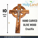 Holy Land Market 10" Celtic Olive Wood Wall Crucifix – Handmade in Bethlehem with Metal Saint Benedict Medal (Front & Back), Certificate, Prayer Card & Medal Explanation – Solid Olive Wood Cross