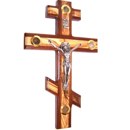 Holy Land Market Thick Mahogany with Embedded olive wood Russian Orthodox or three-bar Eastern Cross/Crucifix - Also known as the Patriarchal Cross - 25cm or 10 inches