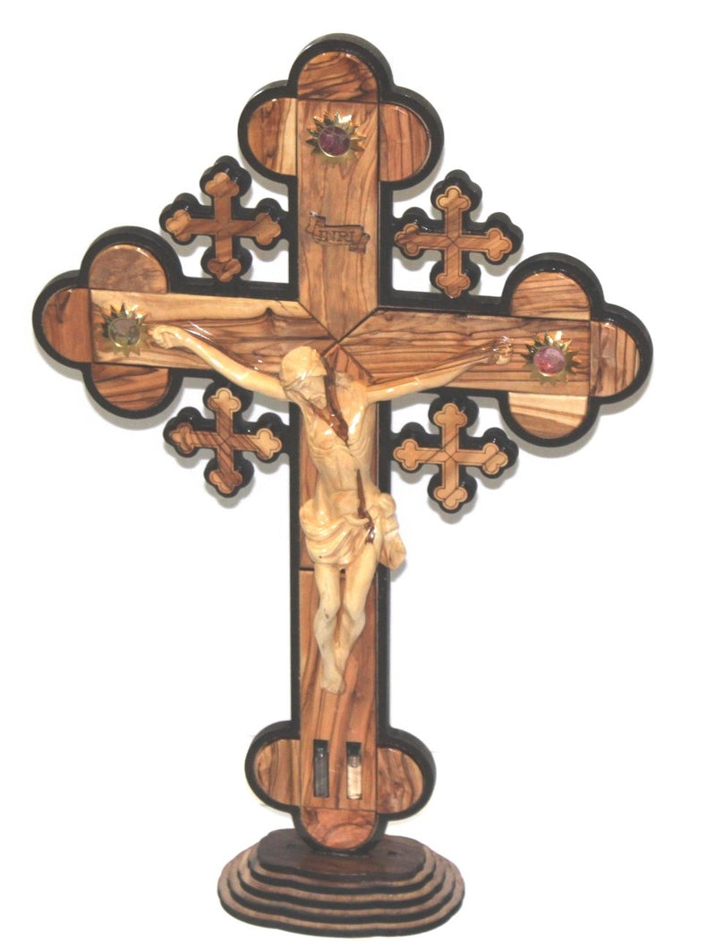 Layered olive wood Cross carved by Laser with Holy Land samples - standing or hanging (20 inches or 50 cm) Extra Large