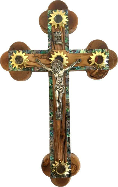 Cruz Crucifijo de Madera de Olivo del Mercado de Tierra Santa con Contorno de Madreperla y 5 Muestras de Esencias de La Tierra Santa (11 Pulgadas)