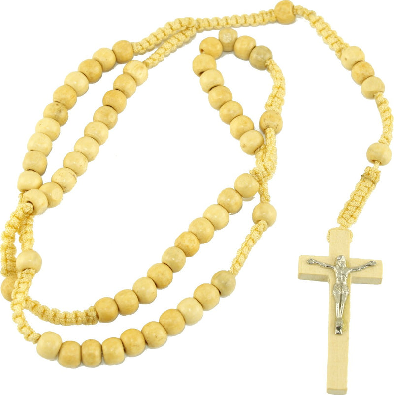 Pair of Ivory Tone Wooden Beads Rosaries with Velvet Bags : Rosary Necklaces with Jesus Corpus Metal glued